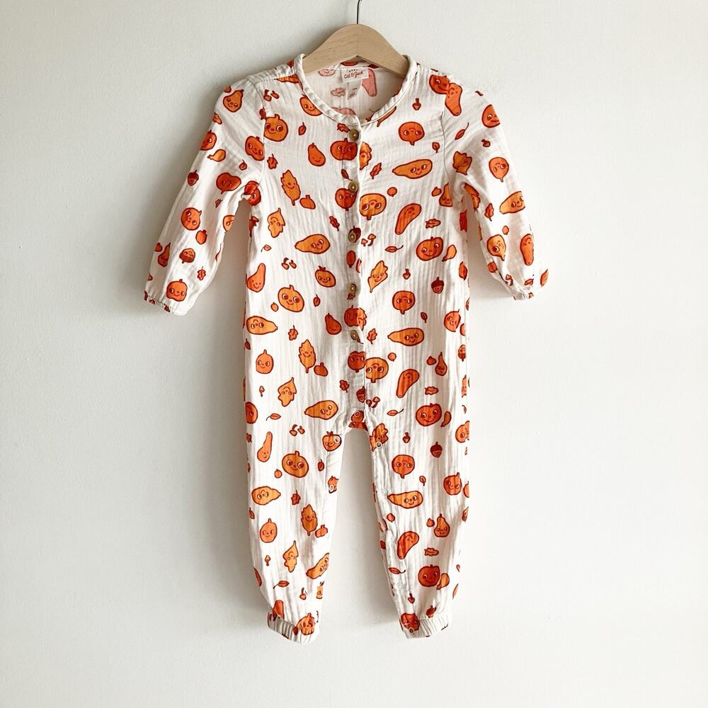 Baby Cat & Jack 18 Mos Pumpkin Print Gauze Romper Jumpsuit 100% Cotton